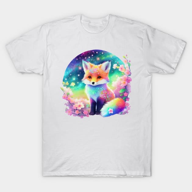 Chibi Vibrant Space Fox With Cherry Blossoms V1 T-Shirt by CraftyVixen